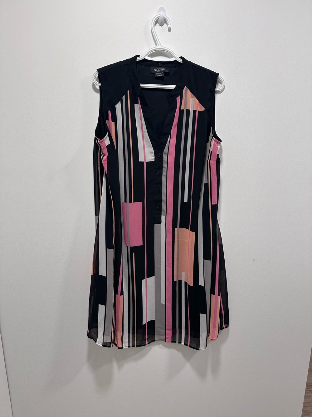Michel Studio Black Midi Dress with Pink and Peach Geometric Stripes